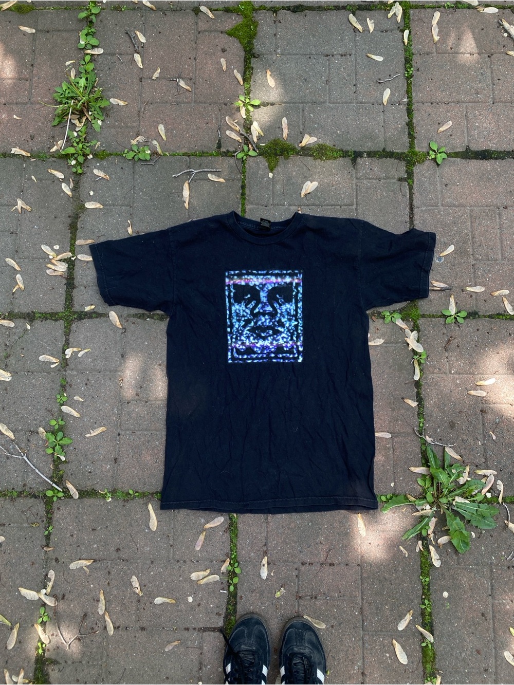 Obey Black Short Sleeve Tee with Blue-Purple Glitter Face Graphic